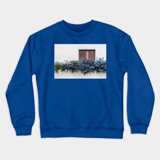 Window with blue flowers Crewneck Sweatshirt